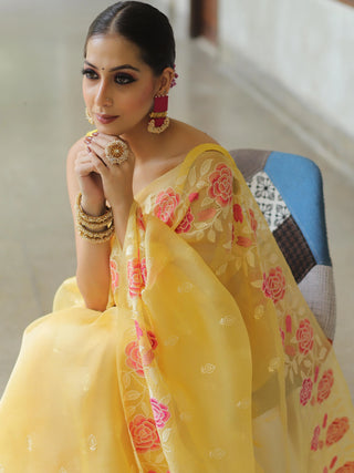 Yellow Organza Silk Saree with Resham Floral Embroidery ClothsVilla