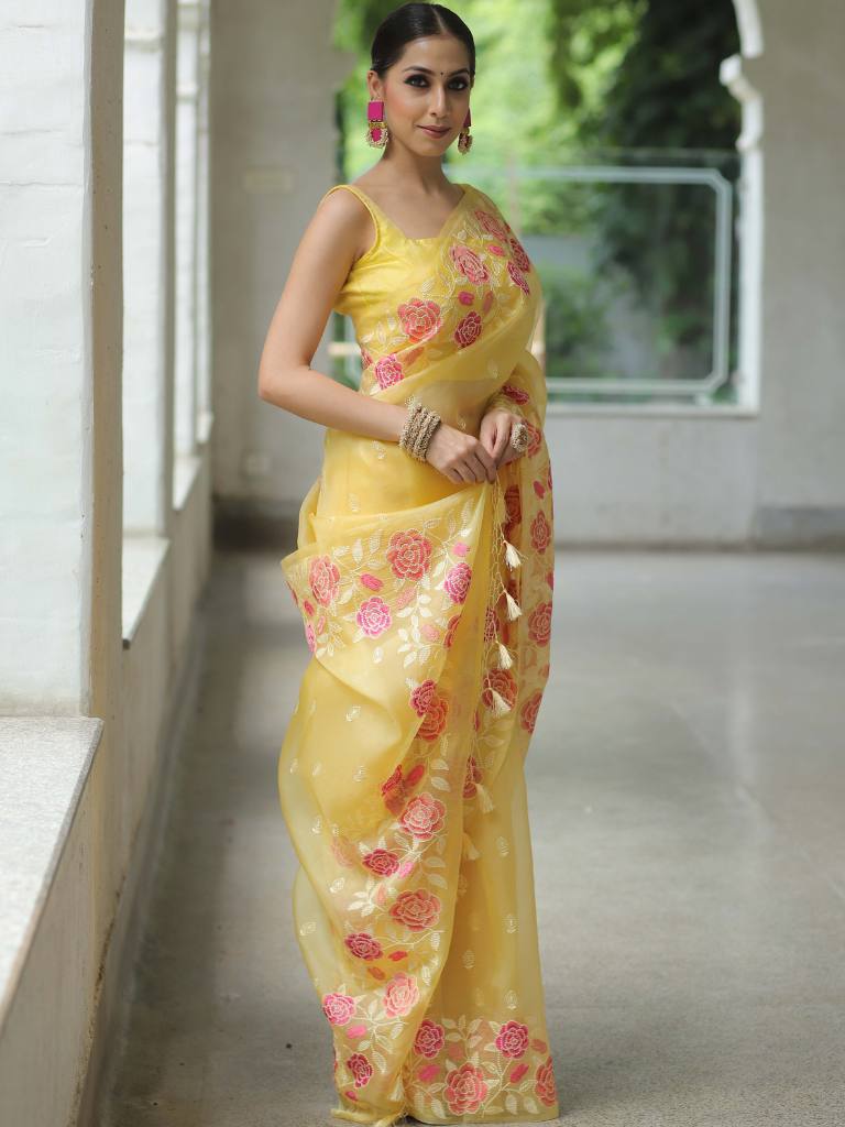 Yellow Organza Silk Saree with Resham Floral Embroidery ClothsVilla