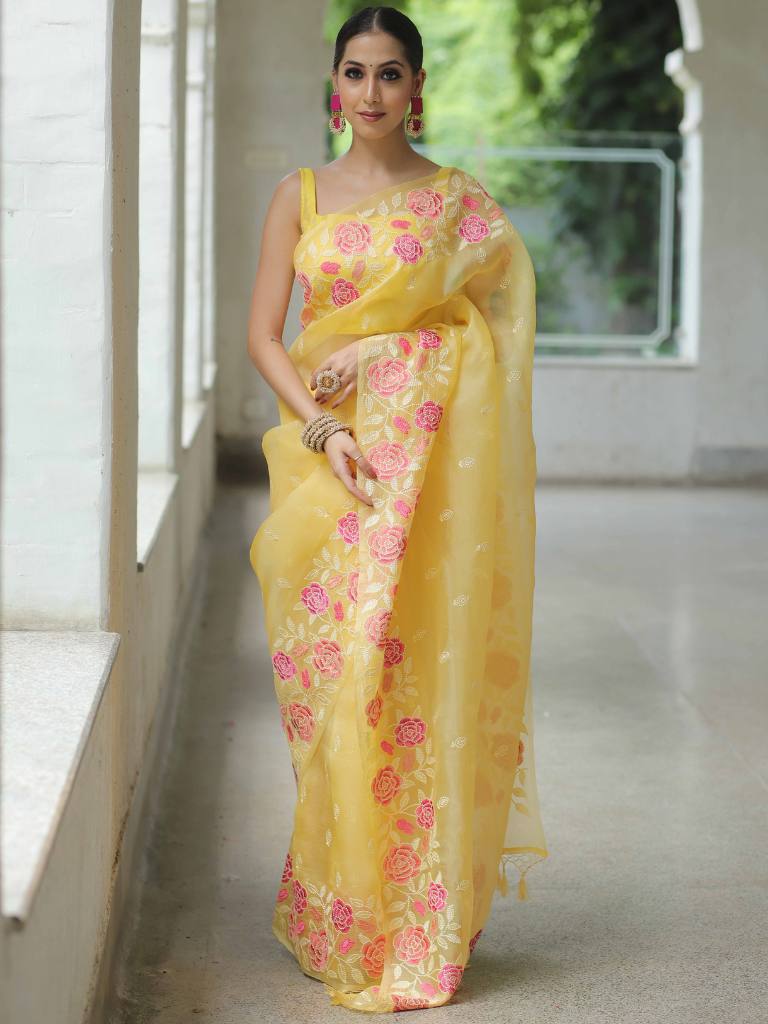 Yellow Organza Silk Saree with Resham Floral Embroidery ClothsVilla