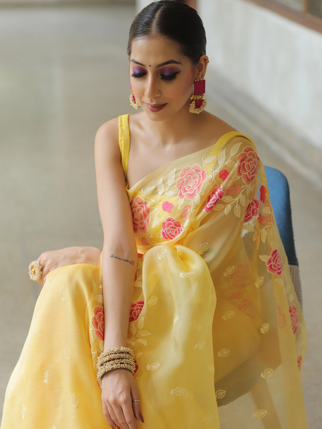 Yellow Organza Silk Saree with Resham Floral Embroidery ClothsVilla