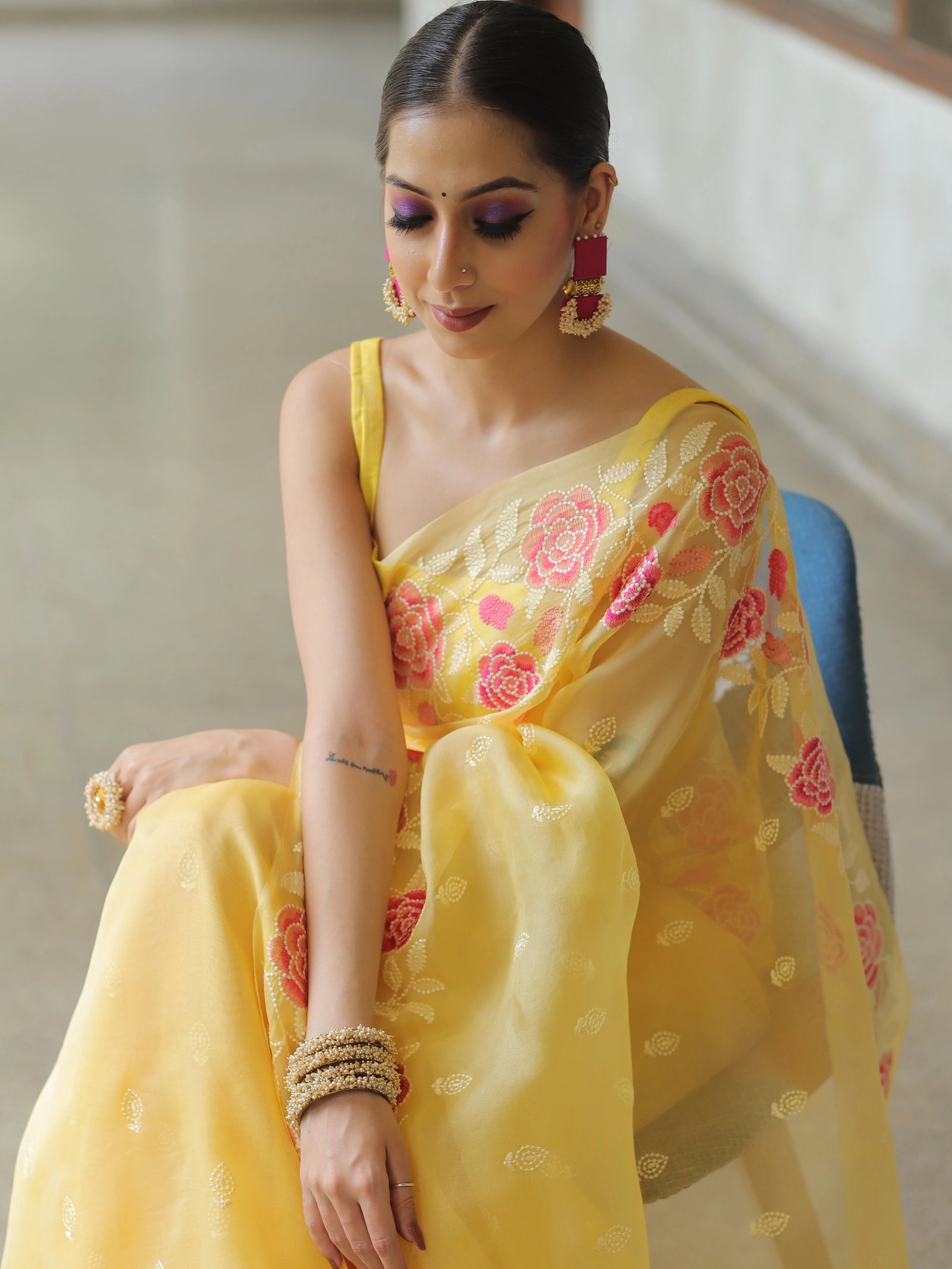 Yellow Organza Silk Saree with Resham Floral Embroidery ClothsVilla
