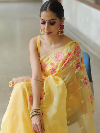 Yellow Organza Silk Saree with Resham Floral Embroidery ClothsVilla