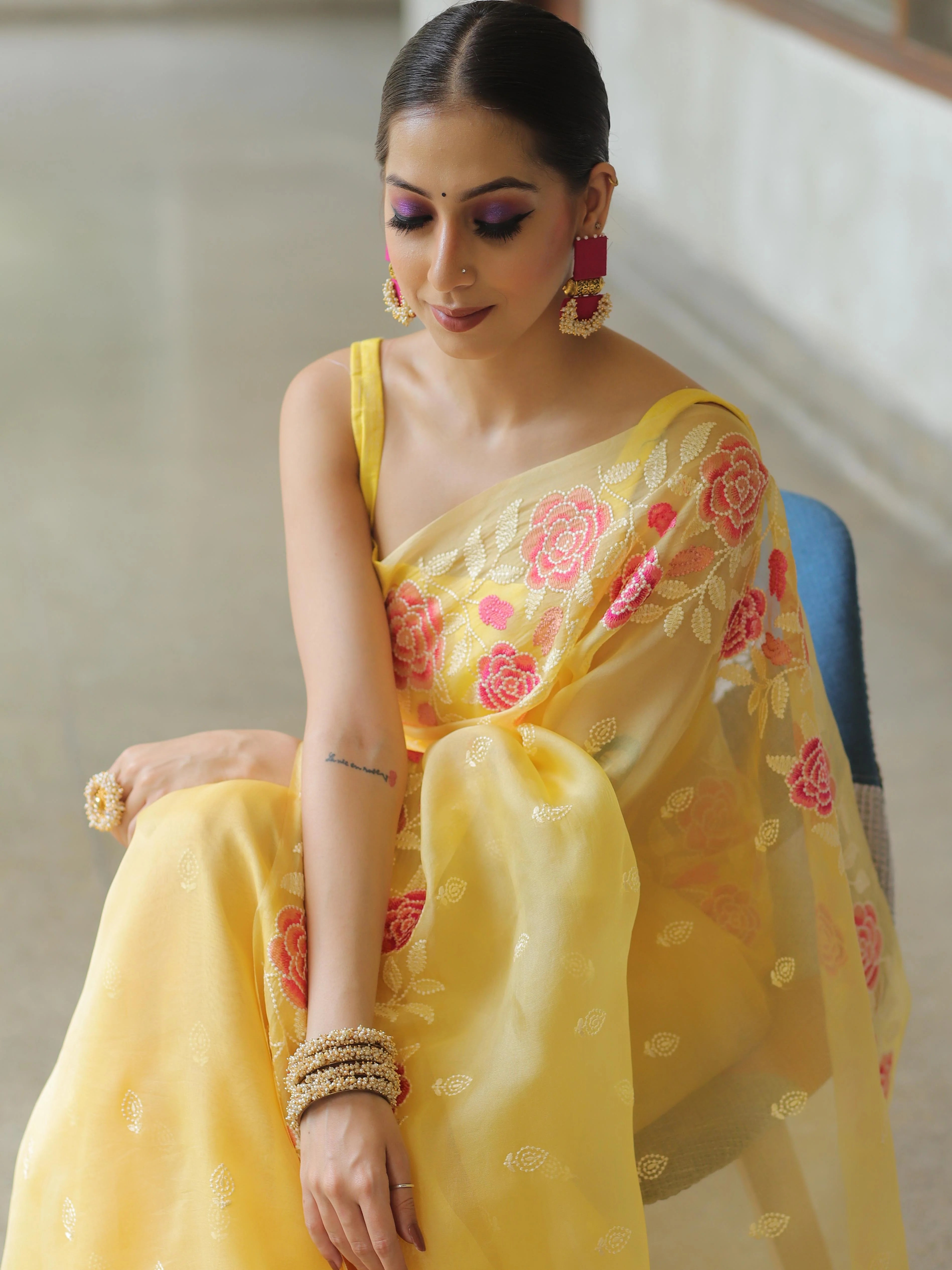 Yellow Organza Silk Saree with Resham Floral Embroidery ClothsVilla