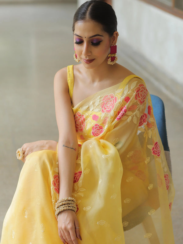 Yellow Organza Silk Saree with Resham Floral Embroidery ClothsVilla