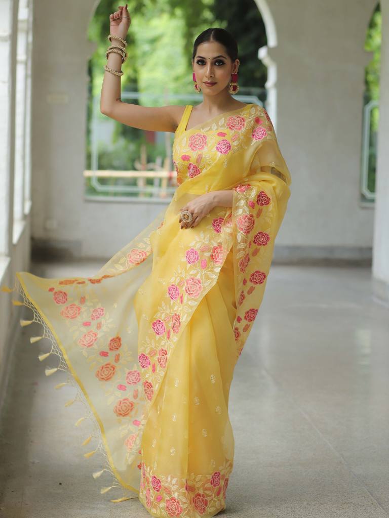 Yellow Organza Silk Saree with Resham Floral Embroidery ClothsVilla