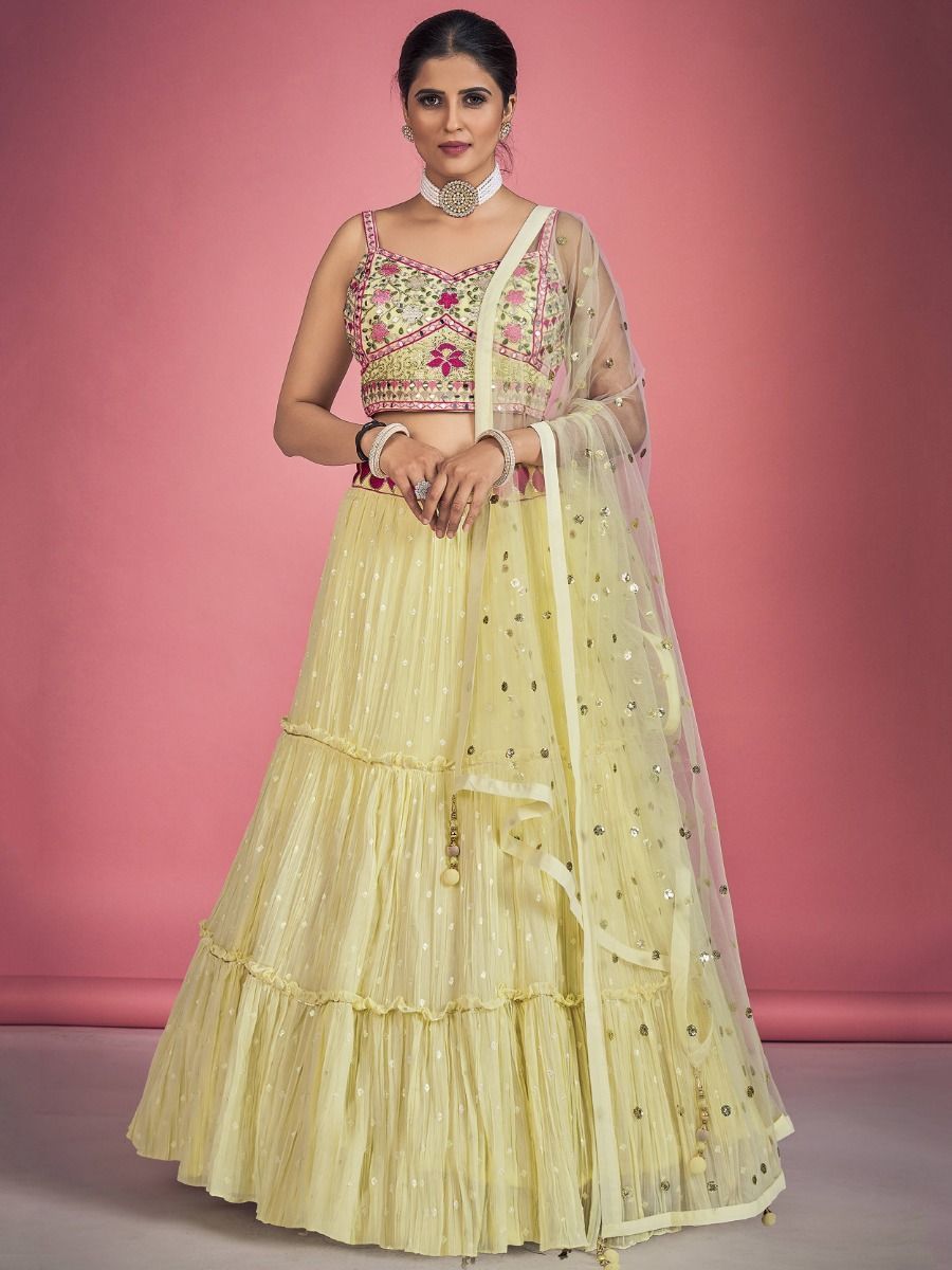 Yellow Pakistani Georgette Lehenga Choli For Indian Festivals & Weddings - Sequence Embroidery Work, Thread Embroidery Work, Mirror Work Clothsvilla