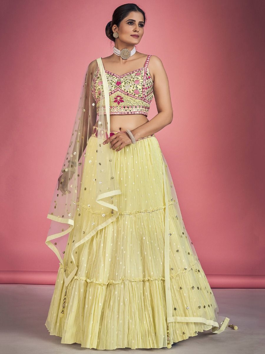 Yellow Pakistani Georgette Lehenga Choli For Indian Festivals & Weddings - Sequence Embroidery Work, Thread Embroidery Work, Mirror Work Clothsvilla