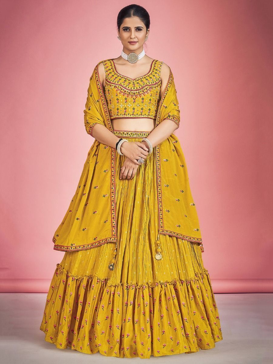 Yellow Pakistani Georgette Lehenga Choli For Indian Festivals & Weddings - Thread Embroidery Work, Mirror Work Clothsvilla
