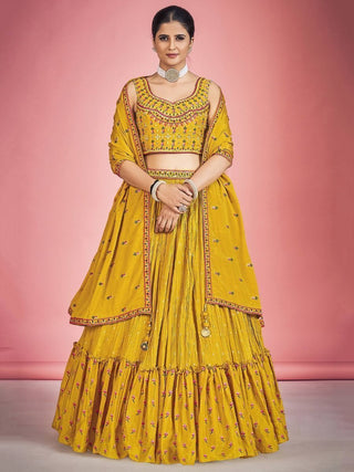 Yellow Pakistani Georgette Lehenga Choli For Indian Festivals & Weddings - Thread Embroidery Work, Mirror Work Clothsvilla