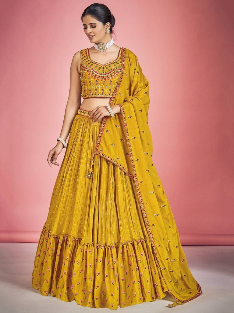 Yellow Pakistani Georgette Lehenga Choli For Indian Festivals & Weddings - Thread Embroidery Work, Mirror Work Clothsvilla