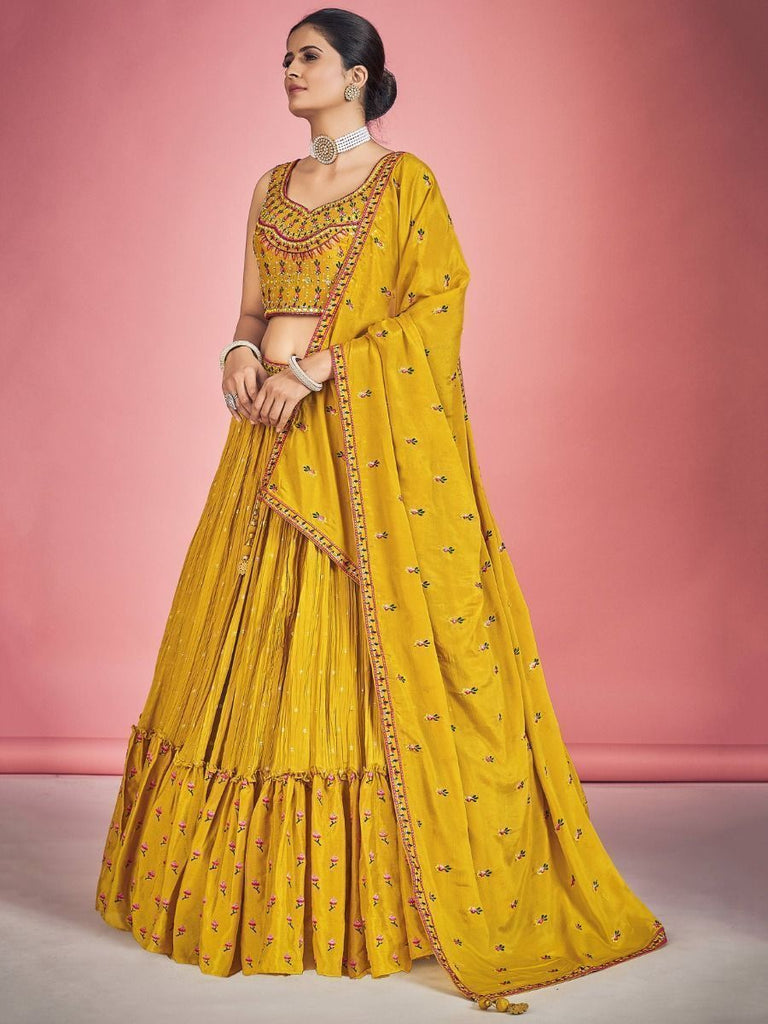 Yellow Pakistani Georgette Lehenga Choli For Indian Festivals & Weddings - Thread Embroidery Work, Mirror Work Clothsvilla