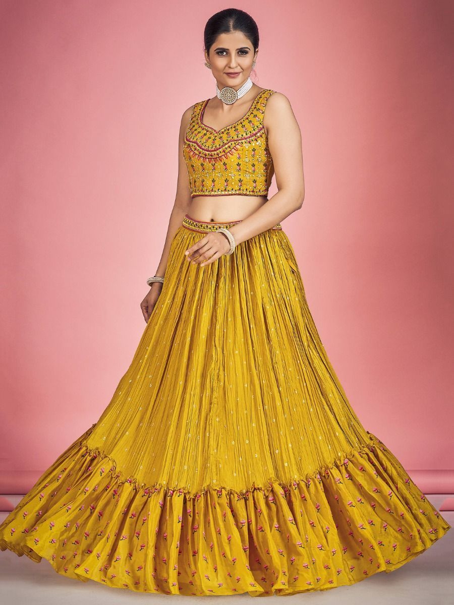 Yellow Pakistani Georgette Lehenga Choli For Indian Festivals & Weddings - Thread Embroidery Work, Mirror Work Clothsvilla