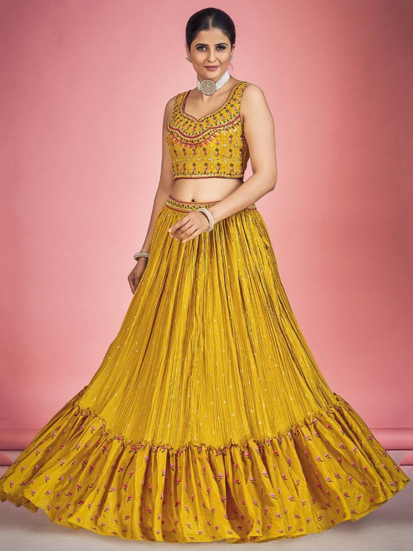 Yellow Pakistani Georgette Lehenga Choli For Indian Festivals & Weddings - Thread Embroidery Work, Mirror Work Clothsvilla