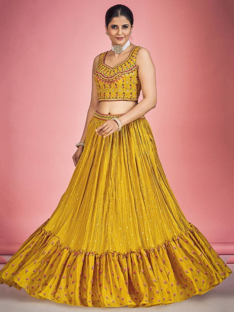 Yellow Pakistani Georgette Lehenga Choli For Indian Festivals & Weddings - Thread Embroidery Work, Mirror Work Clothsvilla