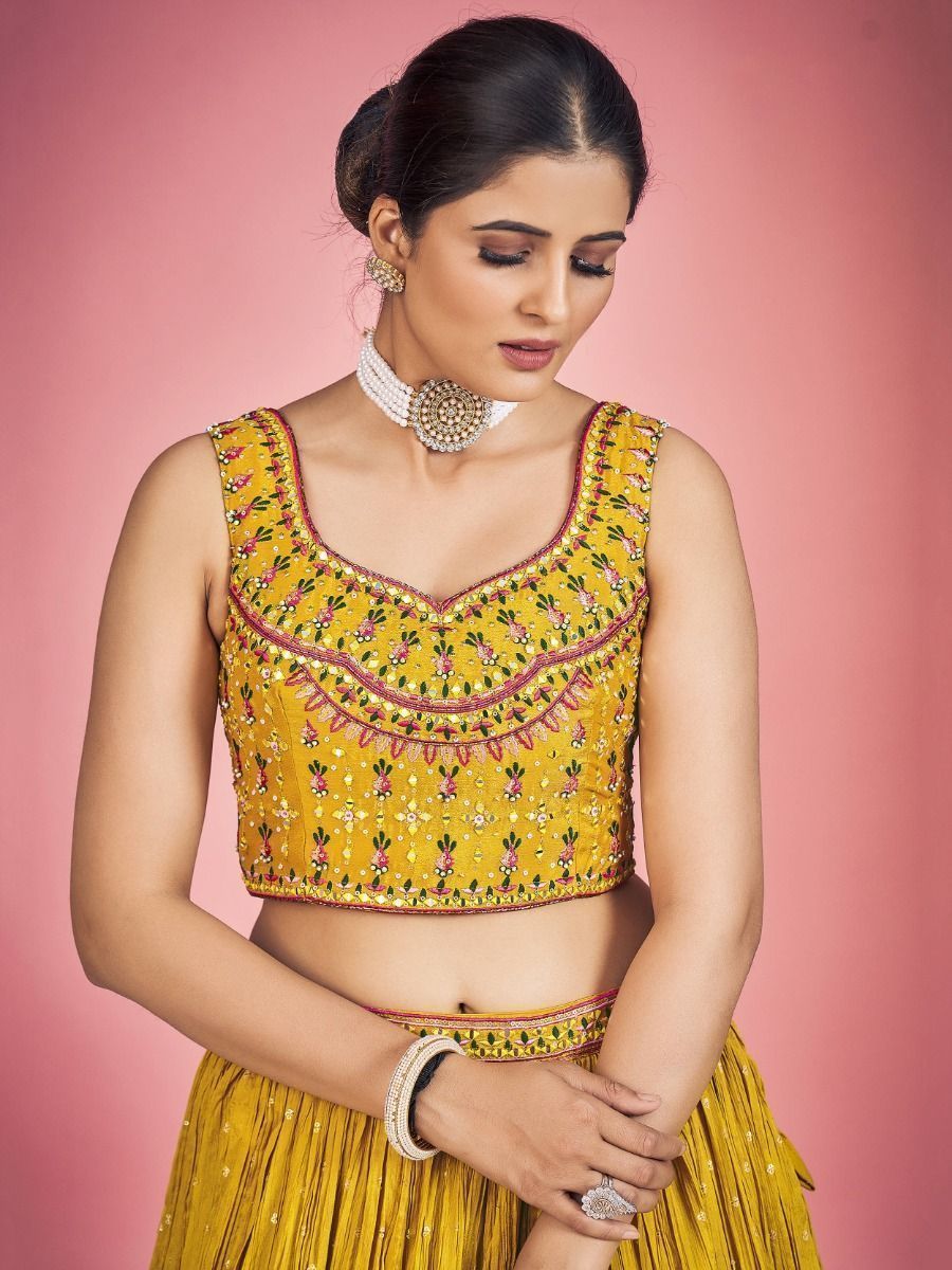 Yellow Pakistani Georgette Lehenga Choli For Indian Festivals & Weddings - Thread Embroidery Work, Mirror Work Clothsvilla