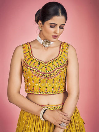 Yellow Pakistani Georgette Lehenga Choli For Indian Festivals & Weddings - Thread Embroidery Work, Mirror Work Clothsvilla