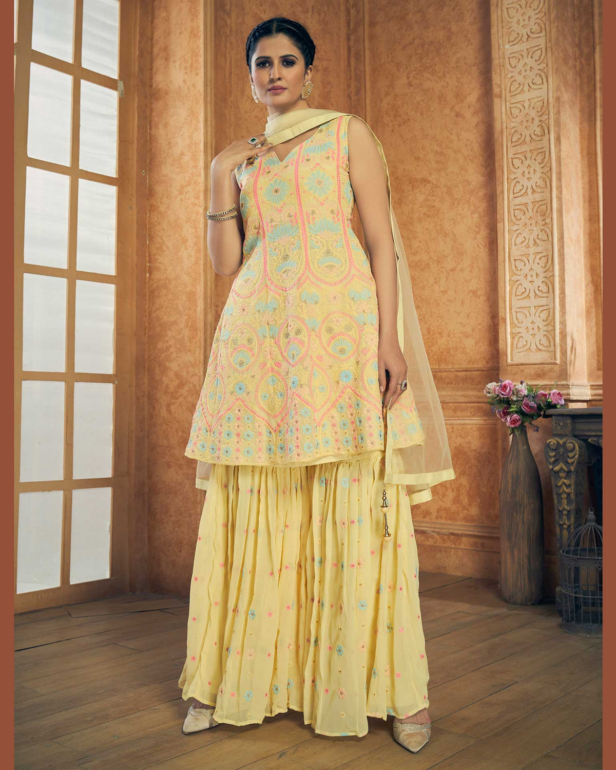 Yellow Pakistani Georgette Plazo For Indian Festival & Weddings - Resham Embroidery Work, Zari Work Clothsvilla Main image