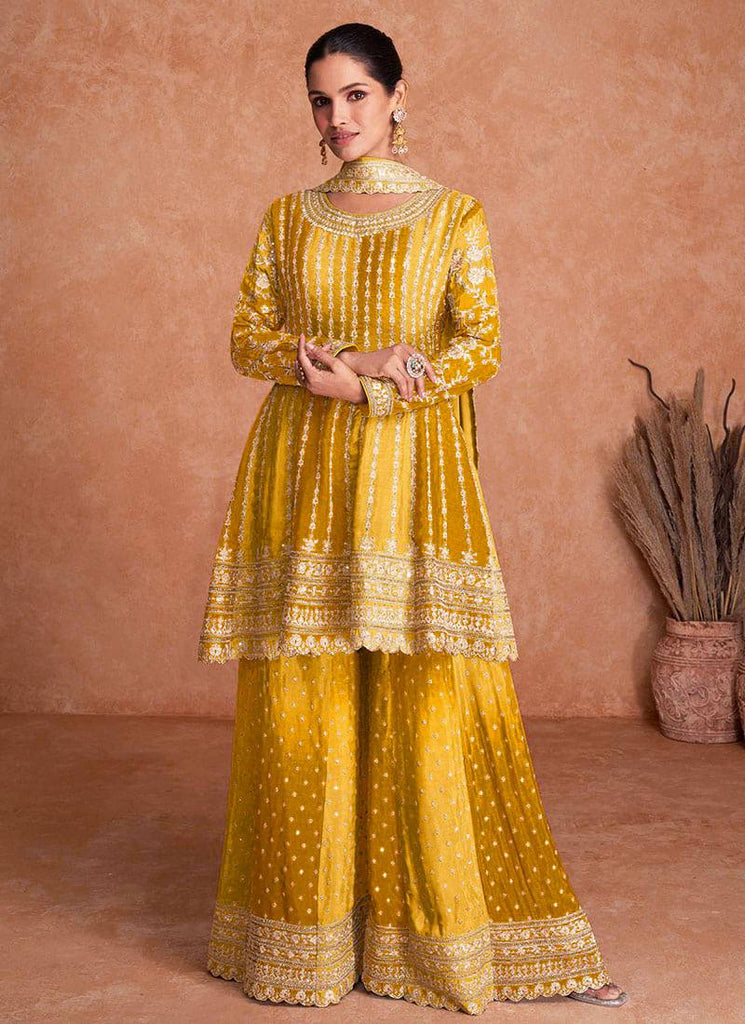 Printed Pure Silk Pakistani Suit in Yellow : KJL1149