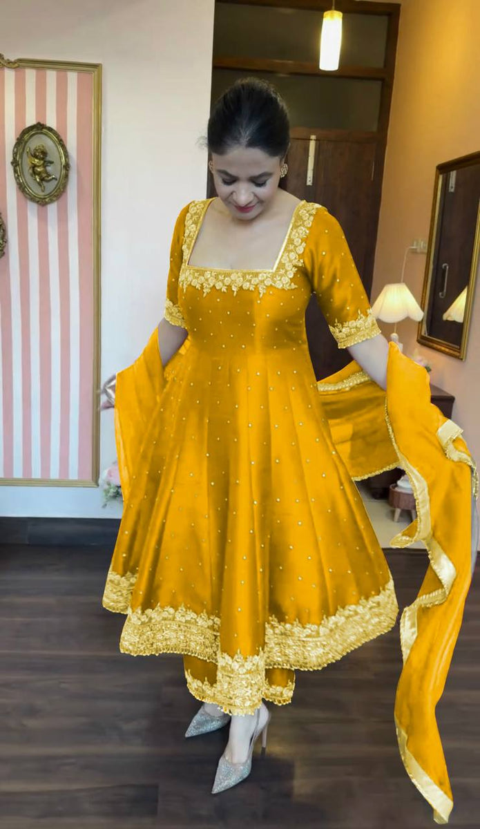 Yellow Party Wear Pur Vichitra Silk Anarkali Gown with Dupatta Set