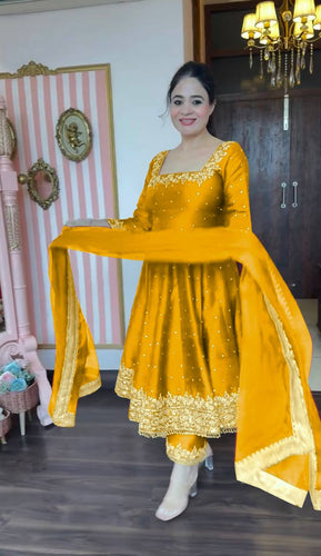 Yellow Party Wear Pur Vichitra Silk Anarkali Gown with Dupatta Set