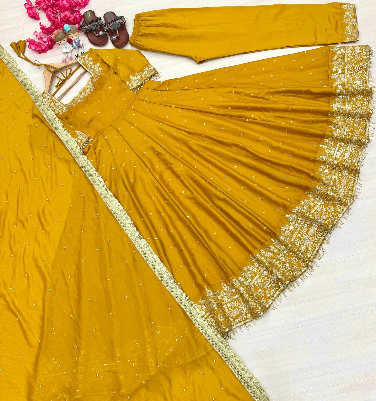 Yellow Party Wear Pur Vichitra Silk Anarkali Gown with Dupatta Set
