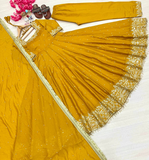 Yellow Party Wear Pur Vichitra Silk Anarkali Gown with Dupatta Set