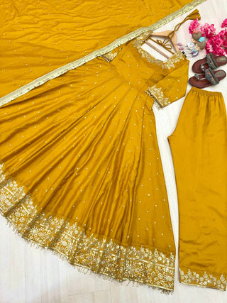 Yellow Party Wear Pur Vichitra Silk Anarkali Gown with Dupatta Set