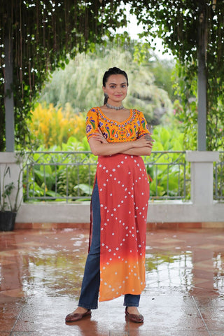 Yellow & Peach shade Navratri Special Printed Rayon Kurti with Kutchi Gamthi Embroidery & Pan Neck ClothsVilla