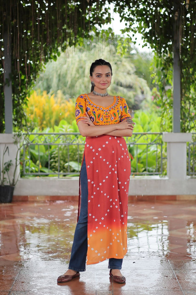 Yellow & Peach shade Navratri Special Printed Rayon Kurti with Kutchi Gamthi Embroidery & Pan Neck ClothsVilla