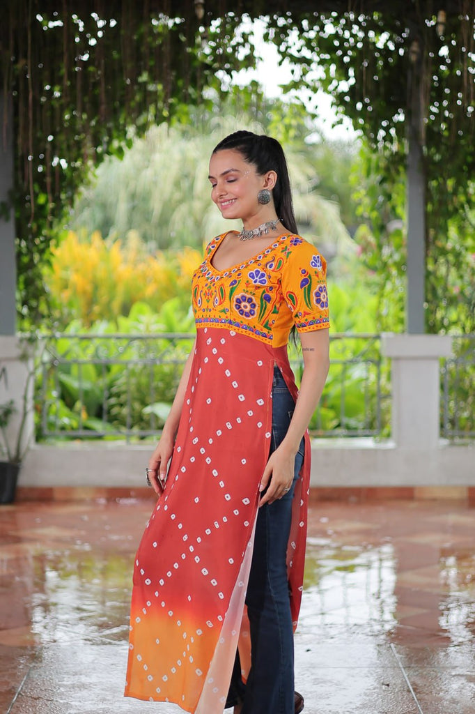 Yellow & Peach shade Navratri Special Printed Rayon Kurti with Kutchi Gamthi Embroidery & Pan Neck ClothsVilla