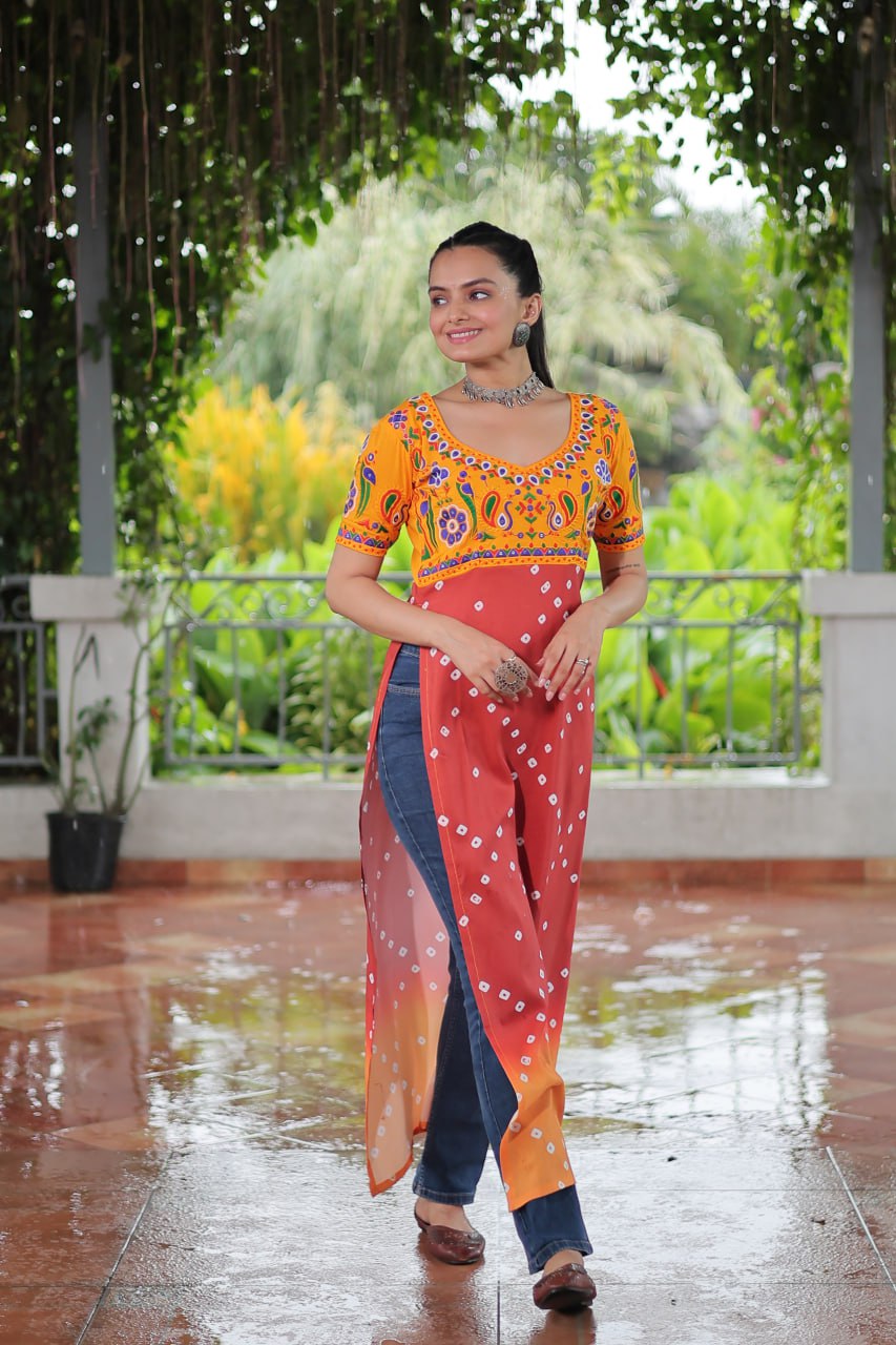 Yellow & Peach shade Navratri Special Printed Rayon Kurti with Kutchi Gamthi Embroidery & Pan Neck ClothsVilla