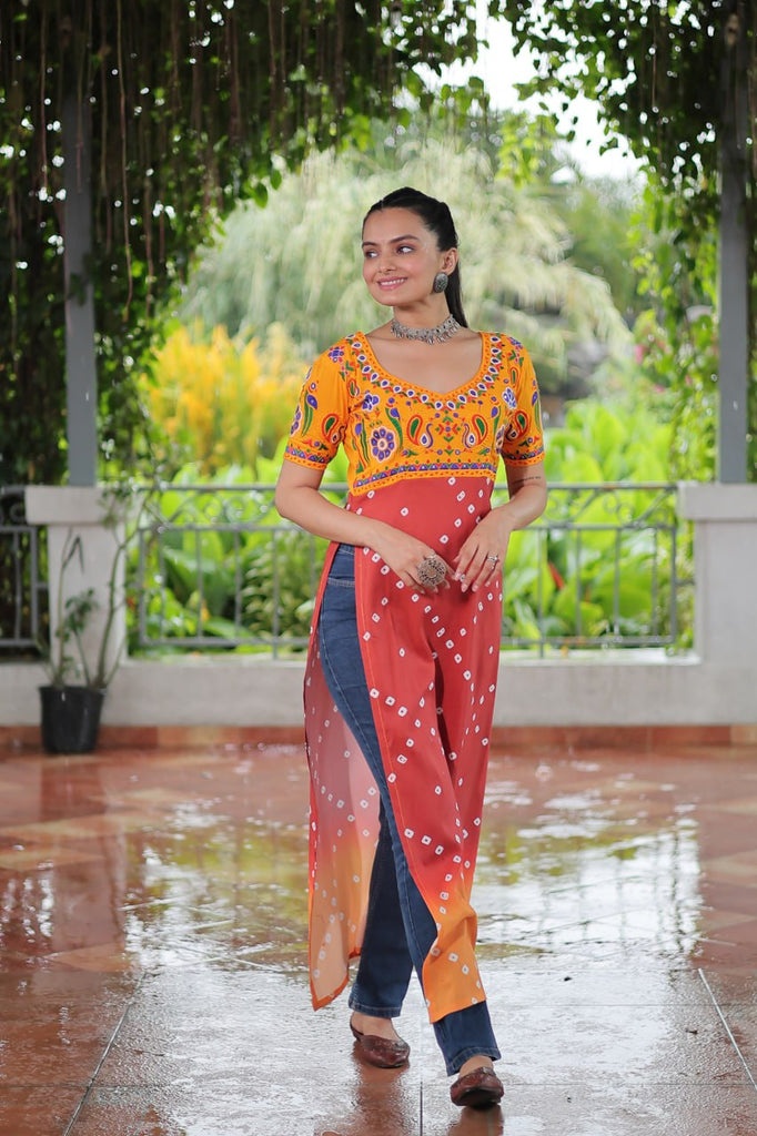 Yellow & Peach shade Navratri Special Printed Rayon Kurti with Kutchi Gamthi Embroidery & Pan Neck ClothsVilla