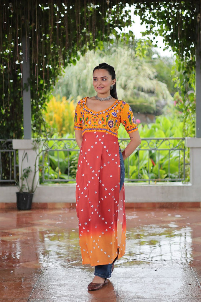 Yellow & Peach shade Navratri Special Printed Rayon Kurti with Kutchi Gamthi Embroidery & Pan Neck ClothsVilla