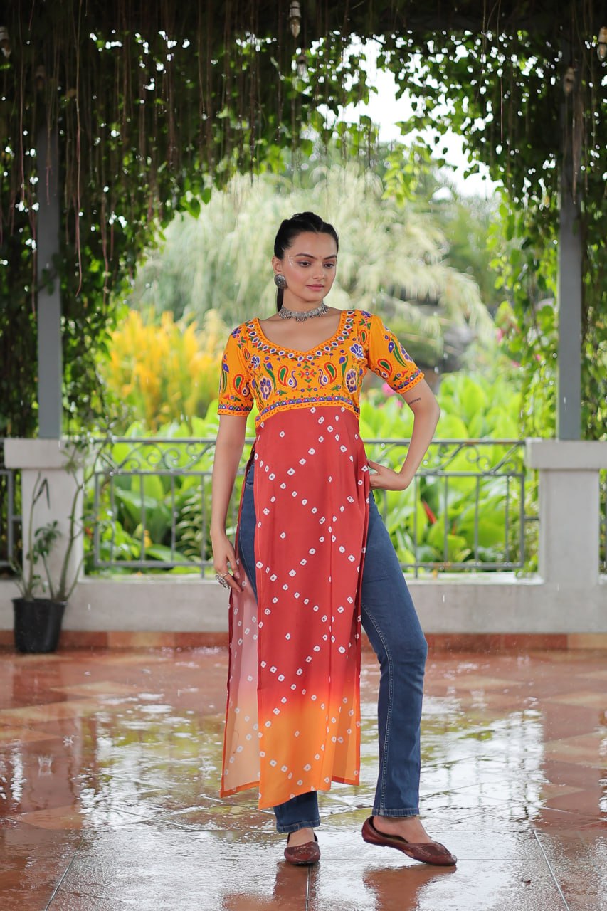 Yellow & Peach shade Navratri Special Printed Rayon Kurti with Kutchi Gamthi Embroidery & Pan Neck ClothsVilla