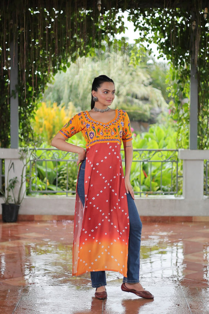 Yellow & Peach shade Navratri Special Printed Rayon Kurti with Kutchi Gamthi Embroidery & Pan Neck ClothsVilla