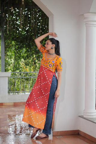 Yellow & Peach shade Navratri Special Printed Rayon Kurti with Kutchi Gamthi Embroidery & Pan Neck ClothsVilla