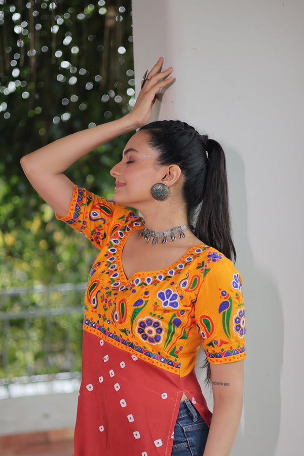 Yellow & Peach shade Navratri Special Printed Rayon Kurti with Kutchi Gamthi Embroidery & Pan Neck ClothsVilla