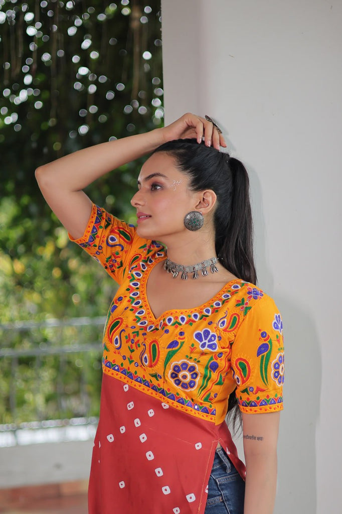 Yellow & Peach shade Navratri Special Printed Rayon Kurti with Kutchi Gamthi Embroidery & Pan Neck ClothsVilla