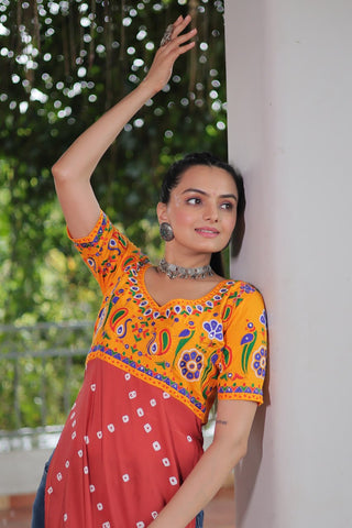 Yellow & Peach shade Navratri Special Printed Rayon Kurti with Kutchi Gamthi Embroidery & Pan Neck ClothsVilla