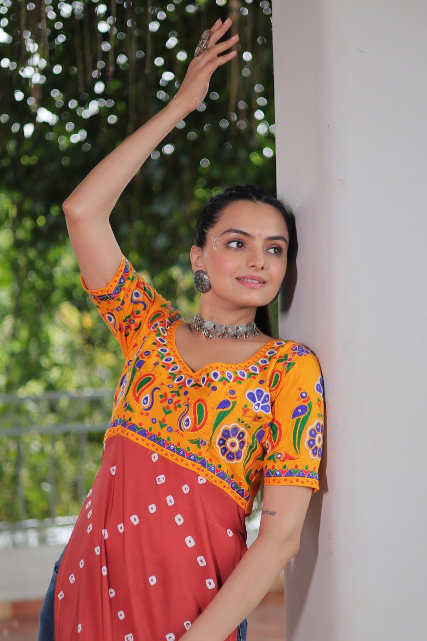 Yellow & Peach shade Navratri Special Printed Rayon Kurti with Kutchi Gamthi Embroidery & Pan Neck ClothsVilla