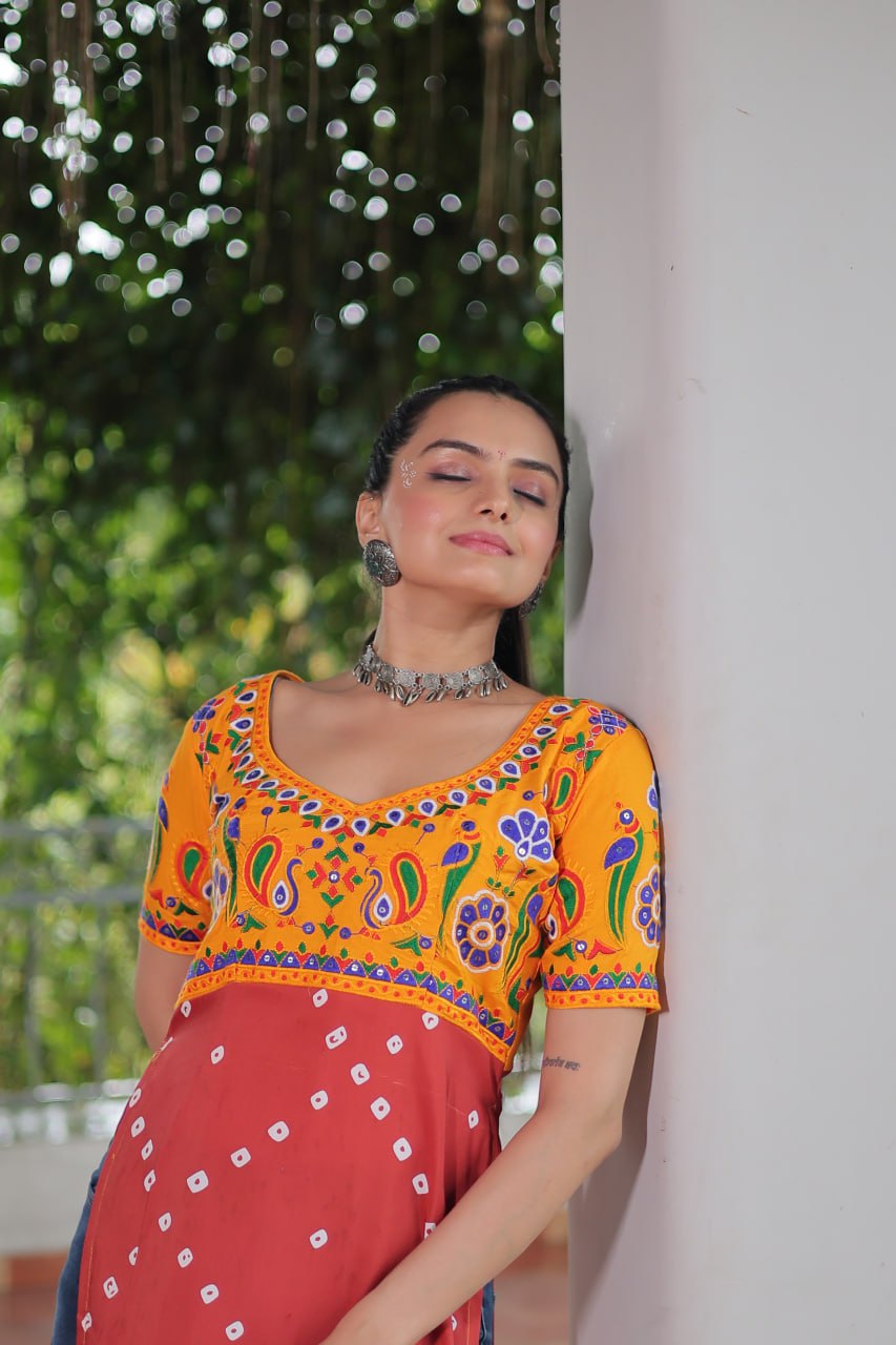 Yellow & Peach shade Navratri Special Printed Rayon Kurti with Kutchi Gamthi Embroidery & Pan Neck ClothsVilla