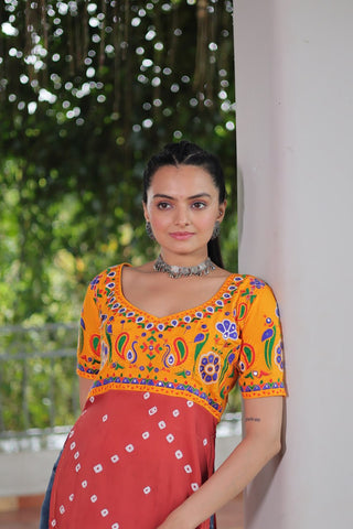 Yellow & Peach shade Navratri Special Printed Rayon Kurti with Kutchi Gamthi Embroidery & Pan Neck ClothsVilla