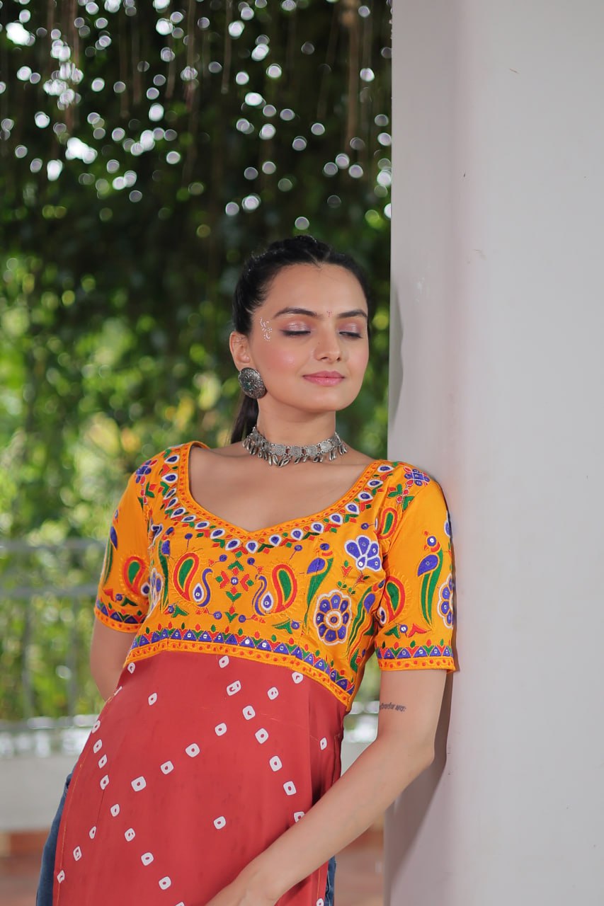 Yellow & Peach shade Navratri Special Printed Rayon Kurti with Kutchi Gamthi Embroidery & Pan Neck ClothsVilla