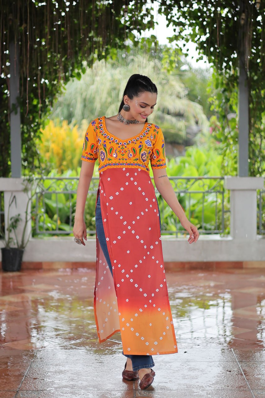 Yellow & Peach shade Navratri Special Printed Rayon Kurti with Kutchi Gamthi Embroidery & Pan Neck ClothsVilla