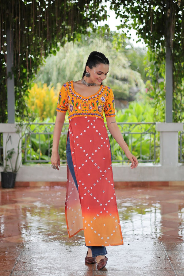 Yellow & Peach shade Navratri Special Printed Rayon Kurti with Kutchi Gamthi Embroidery & Pan Neck ClothsVilla