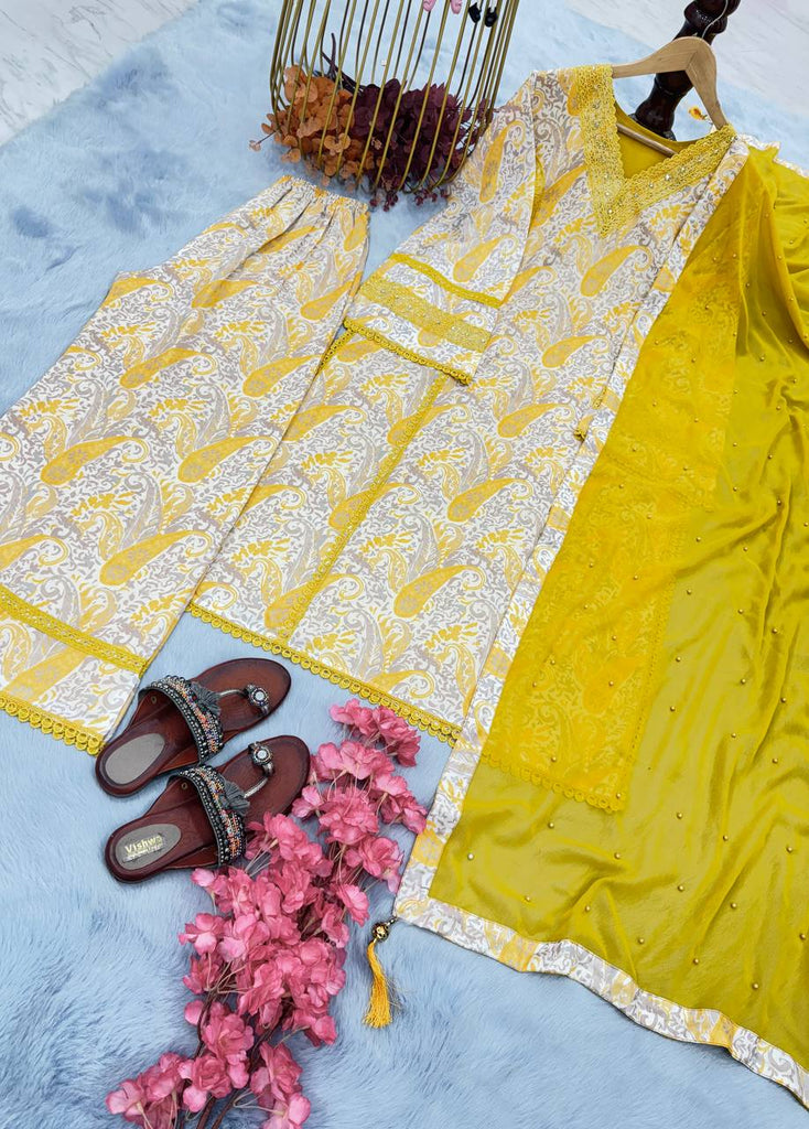 Yellow Premium  Designer Cotton Readymade Top Plazzo set With Dupatta ClothsVilla