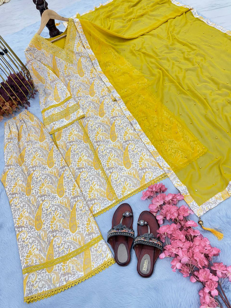 Yellow Premium  Designer Cotton Readymade Top Plazzo set With Dupatta ClothsVilla