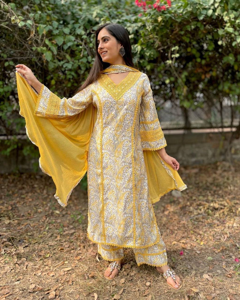 Yellow Premium  Designer Cotton Readymade Top Plazzo set With Dupatta ClothsVilla