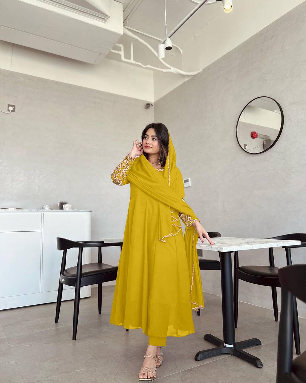 Yellow Premium Designer Party Wear Anarkali Gown, Dupatta & Bottom Set Clothsvilla