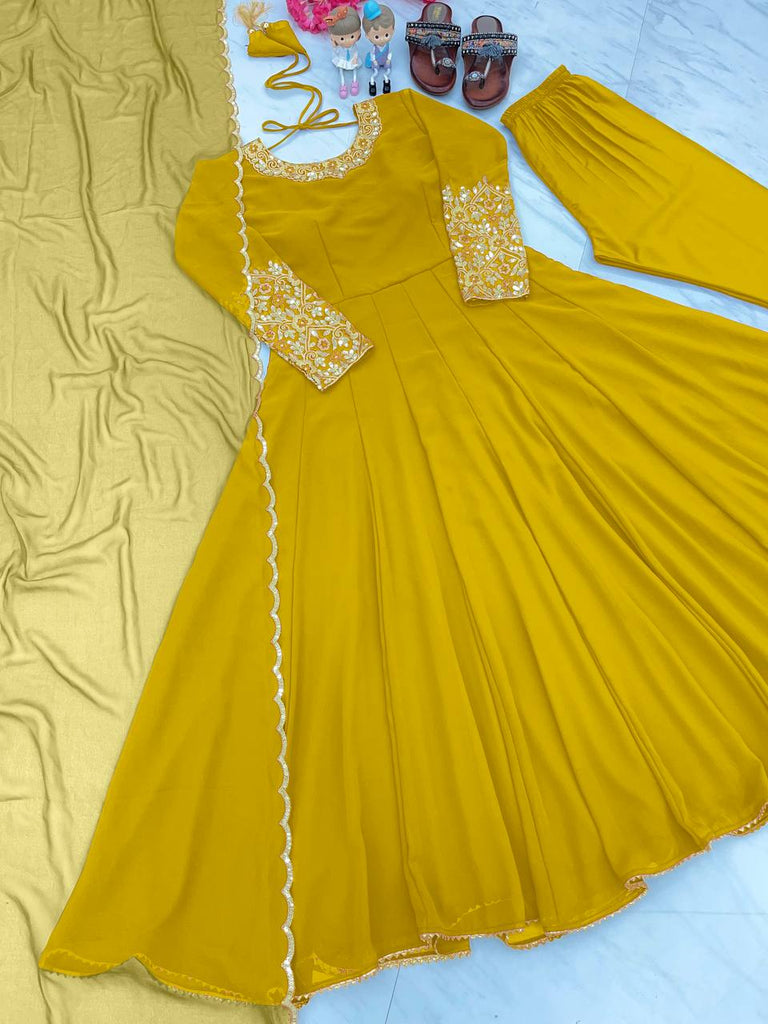 Yellow Premium Designer Party Wear Anarkali Gown, Dupatta & Bottom Set Clothsvilla